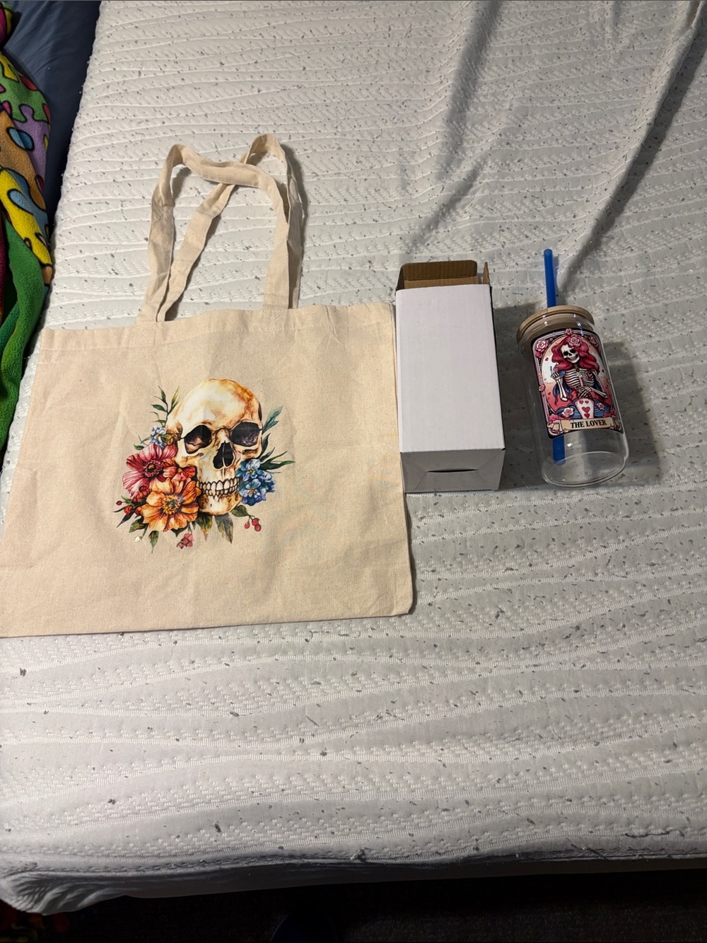 Canvas Tote Bag with Floral Skull Print - Neutral and The Lover glass cup